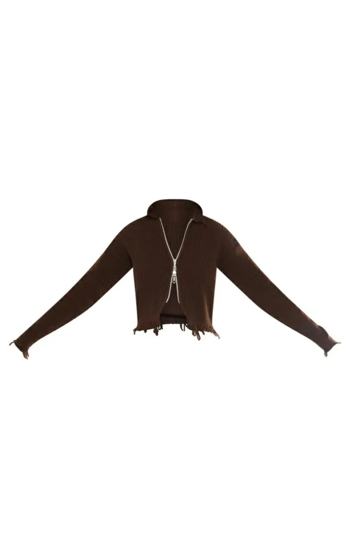 Tall Chocolate Knitted Distressed Cardigan