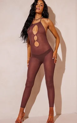 Tall Chocolate Sheer Knit Cut Out Jumpsuit