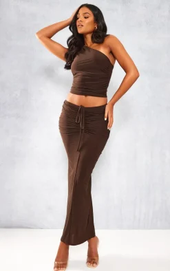 Tall Chocolate Slinky Ruched Detail Midaxi Skirt