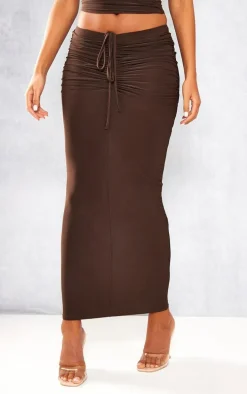 Tall Chocolate Slinky Ruched Detail Midaxi Skirt