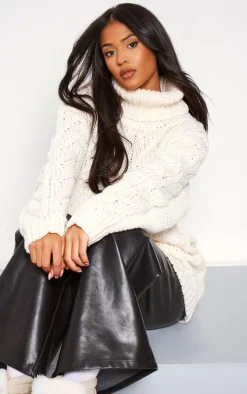 Tall Cream Chunky Cable Knit Turtle Neck Sweater