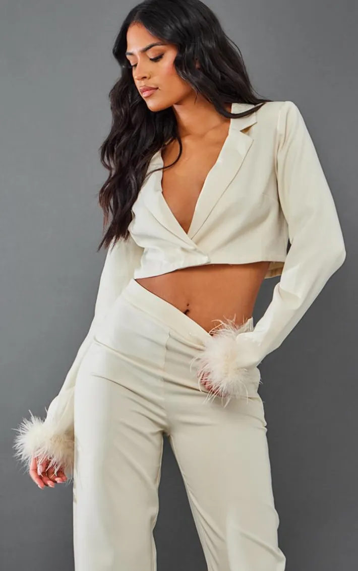 Tall Cream Faux Feather Cuff Cropped Blazer