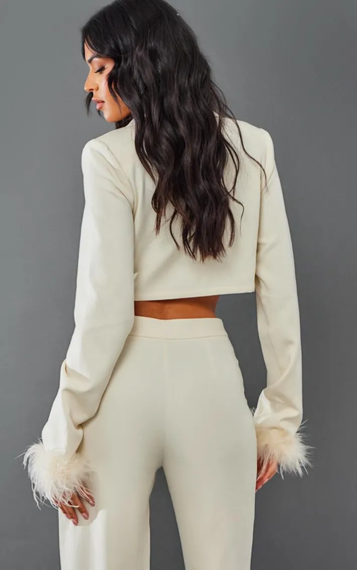 Tall Cream Faux Feather Cuff Cropped Blazer