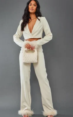 Tall Cream Faux Feather Cuff Cropped Blazer
