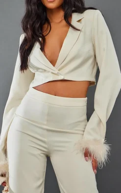 Tall Cream Faux Feather Cuff Cropped Blazer