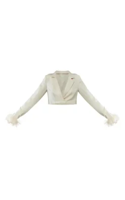 Tall Cream Faux Feather Cuff Cropped Blazer