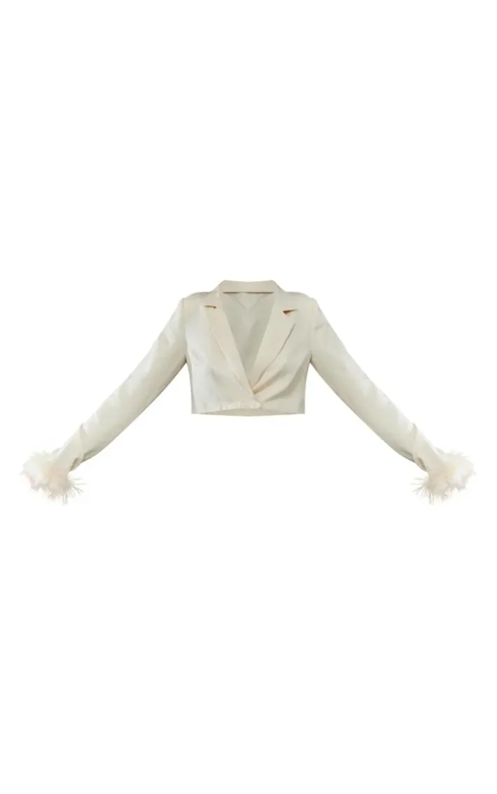 Tall Cream Faux Feather Cuff Cropped Blazer