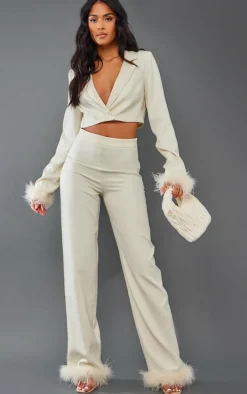 Tall Cream Faux Feather Trim Tailored Pants