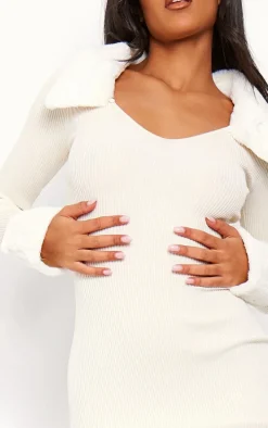 Tall Cream Faux Fur Collar Knitted Maxi Dress