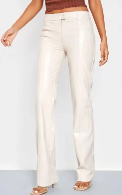 Tall Cream Faux Leather Low Rise Textured Straight Leg Pants