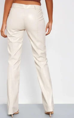 Tall Cream Faux Leather Low Rise Textured Straight Leg Pants