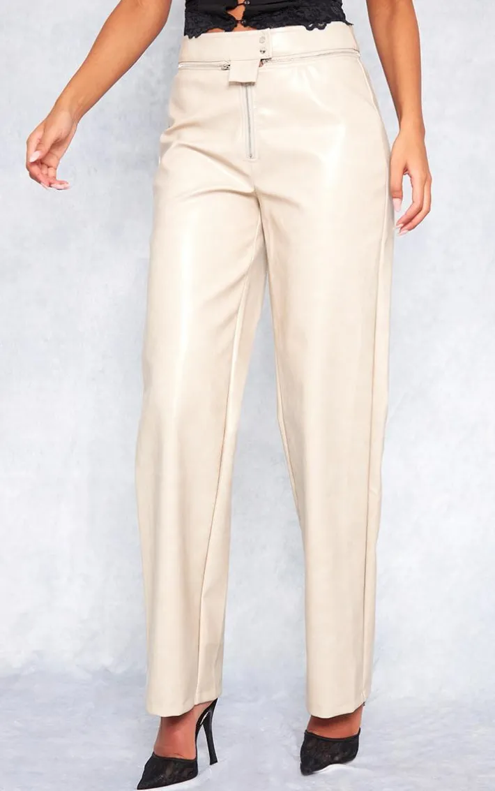 Tall Cream Faux Leather Zip Detail Straight Leg Pant