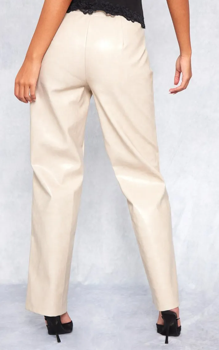 Tall Cream Faux Leather Zip Detail Straight Leg Pant