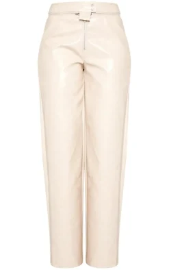 Tall Cream Faux Leather Zip Detail Straight Leg Pant