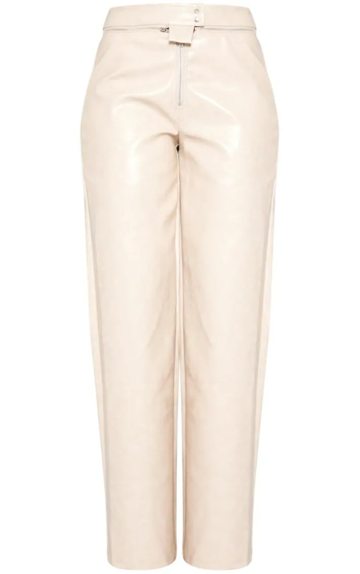 Tall Cream Faux Leather Zip Detail Straight Leg Pant