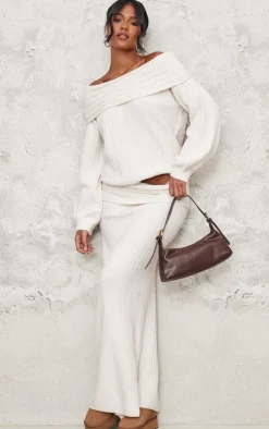 Tall Cream Fold Over Knitted Maxi Skirt