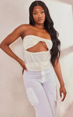 Tall Cream Satin Textured Bandeau Crop Top