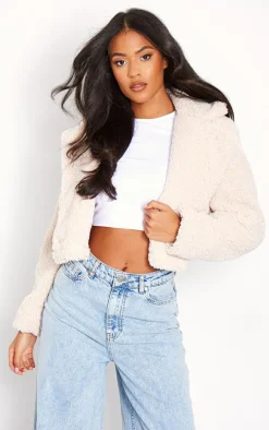 Tall Cream Teddy Fur Button Cropped Coat