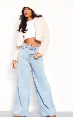 Tall Cream Teddy Fur Button Cropped Coat