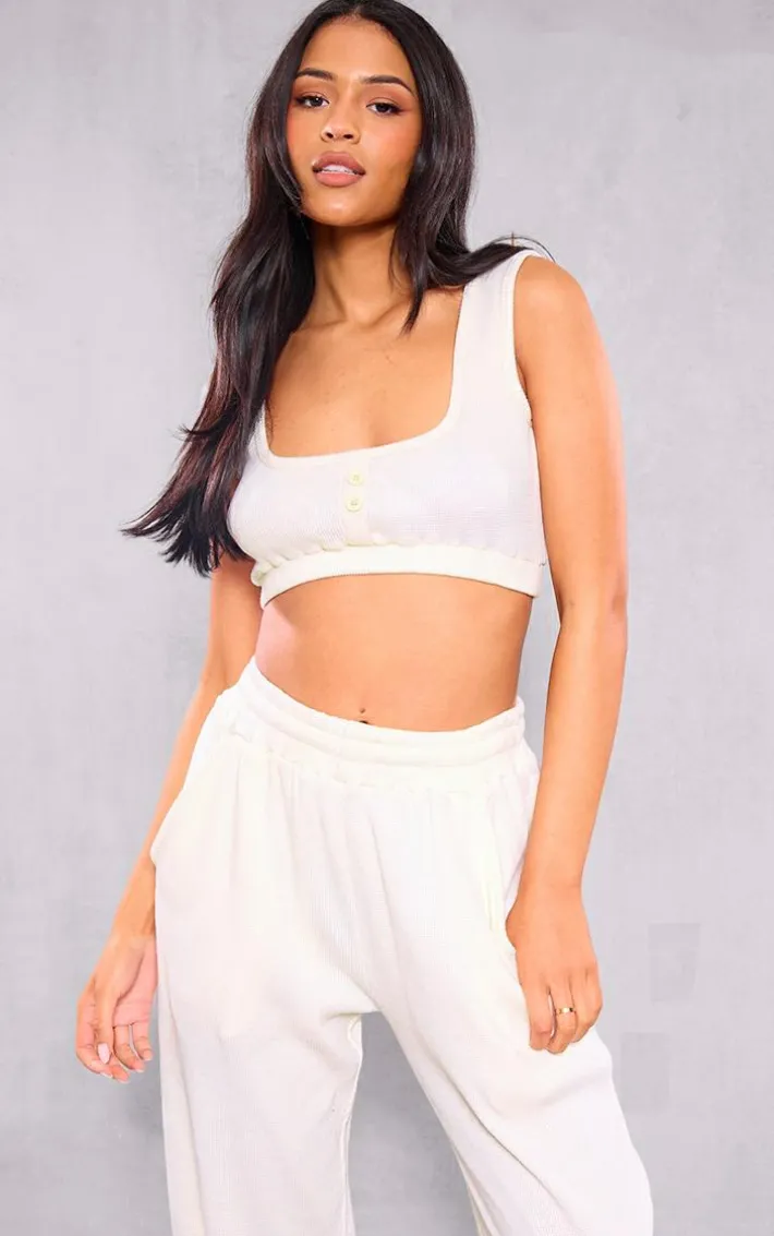 Tall Cream Waffle Textured Button Up Crop Top