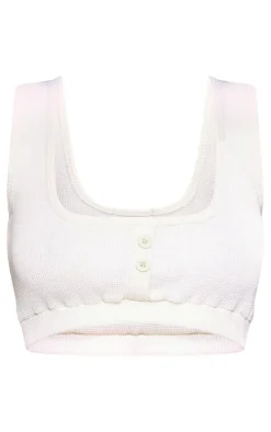 Tall Cream Waffle Textured Button Up Crop Top