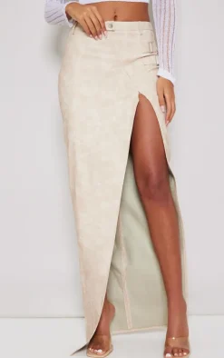 Tall Cream Washed Pu Buckle Detail Split Maxi Skirt