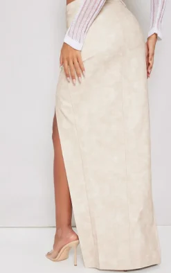 Tall Cream Washed Pu Buckle Detail Split Maxi Skirt