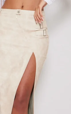 Tall Cream Washed Pu Buckle Detail Split Maxi Skirt