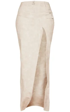Tall Cream Washed Pu Buckle Detail Split Maxi Skirt