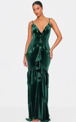 Tall Dark Green Velvet Textured Frill Maxi Dress