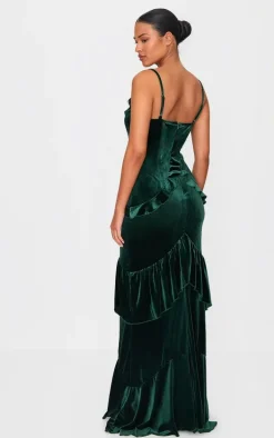 Tall Dark Green Velvet Textured Frill Maxi Dress