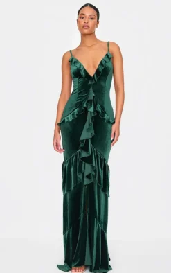 Tall Dark Green Velvet Textured Frill Maxi Dress