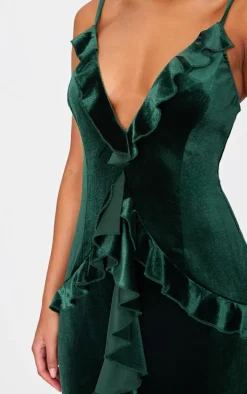 Tall Dark Green Velvet Textured Frill Maxi Dress