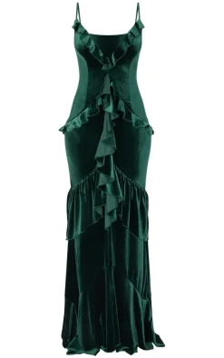 Tall Dark Green Velvet Textured Frill Maxi Dress