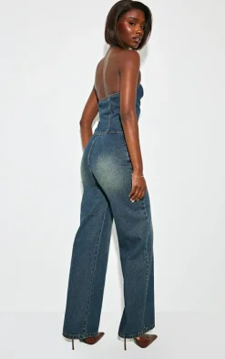 Tall Dark Indigo Bandeau Wide Leg Denim Jumpsuit