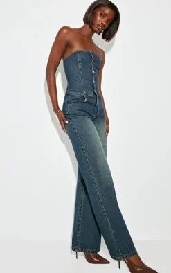 Tall Dark Indigo Bandeau Wide Leg Denim Jumpsuit