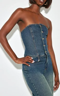 Tall Dark Indigo Bandeau Wide Leg Denim Jumpsuit
