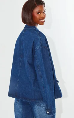 Tall Dark Indigo Wash Front Pocket Detail Boxy Denim Jacket