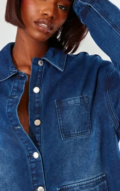 Tall Dark Indigo Wash Front Pocket Detail Boxy Denim Jacket