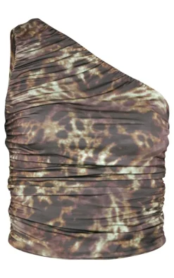 Tall Dark Khaki Slinky Ruched Detail One Shoulder Crop Top