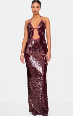 Tall Dark Red Sequin Plunge Halter Neck Maxi Dress
