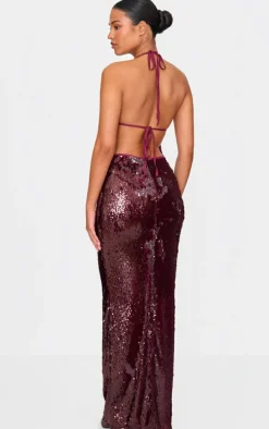 Tall Dark Red Sequin Plunge Halter Neck Maxi Dress