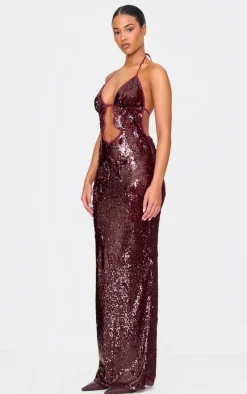 Tall Dark Red Sequin Plunge Halter Neck Maxi Dress
