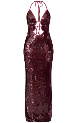 Tall Dark Red Sequin Plunge Halter Neck Maxi Dress