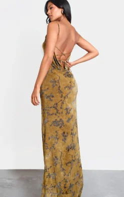 Tall Green Devore Cowl Neck Lace Up Back Maxi Dress