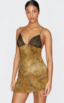 Tall Green Devore Lace Up Detail Mini Dress