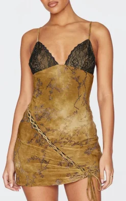 Tall Green Devore Lace Up Detail Mini Dress