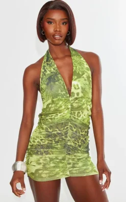 Tall Green Halterneck Print Mini Dress