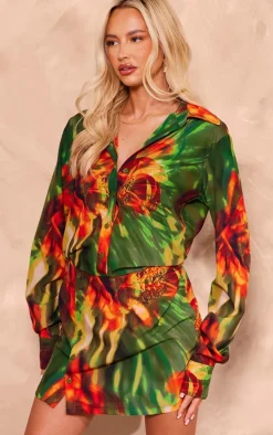 Tall Green Print Button Skirt Detail Bodycon Dress