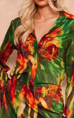 Tall Green Print Button Skirt Detail Bodycon Dress